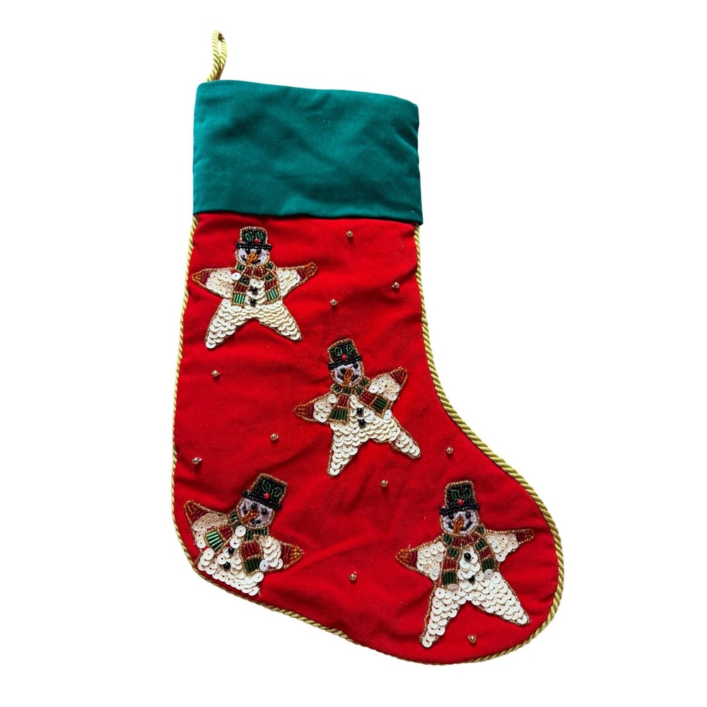Vintage Christmas Stocking Red Velvet Beaded Sequined Snowman Stars Gold Trim